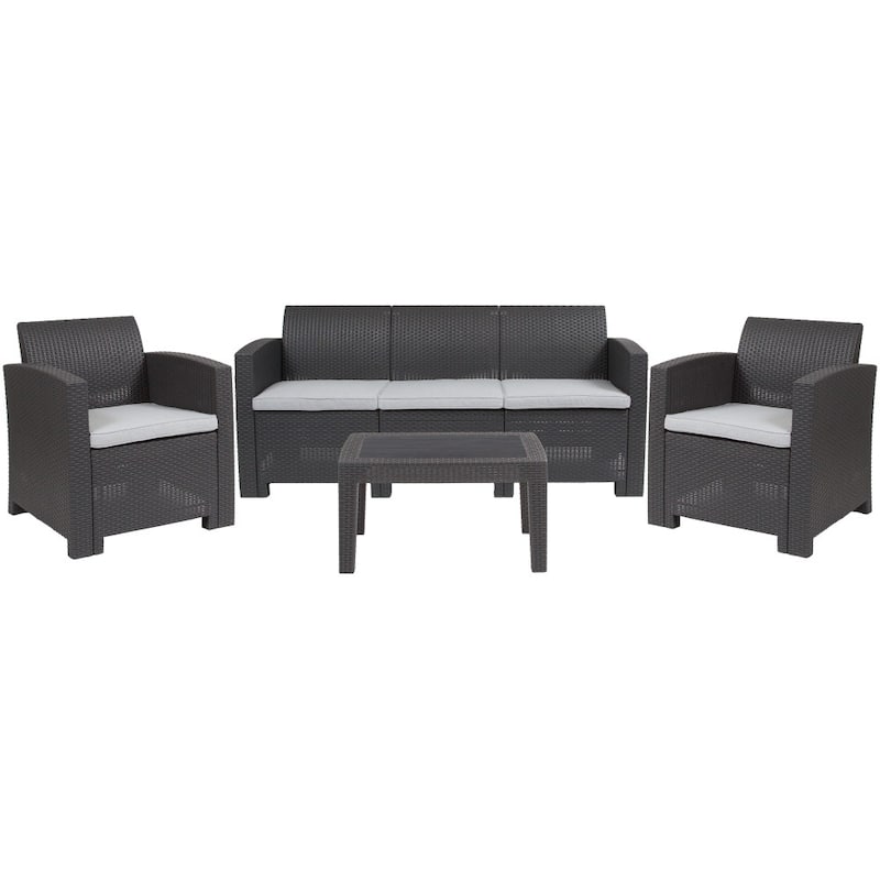 4 Piece Outdoor Faux Rattan Chair, Sofa and Table Set