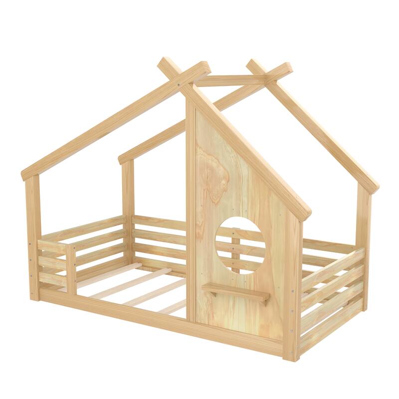 Montessori Kids House-shaped Floor Bed with Window and Shelf