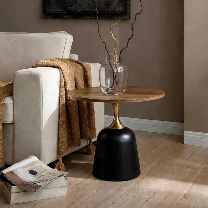 Small Circular Side Table Coffee Table, Metal Base Living Room Table, Walnut Wood Grain Minimalist Modern Decoration