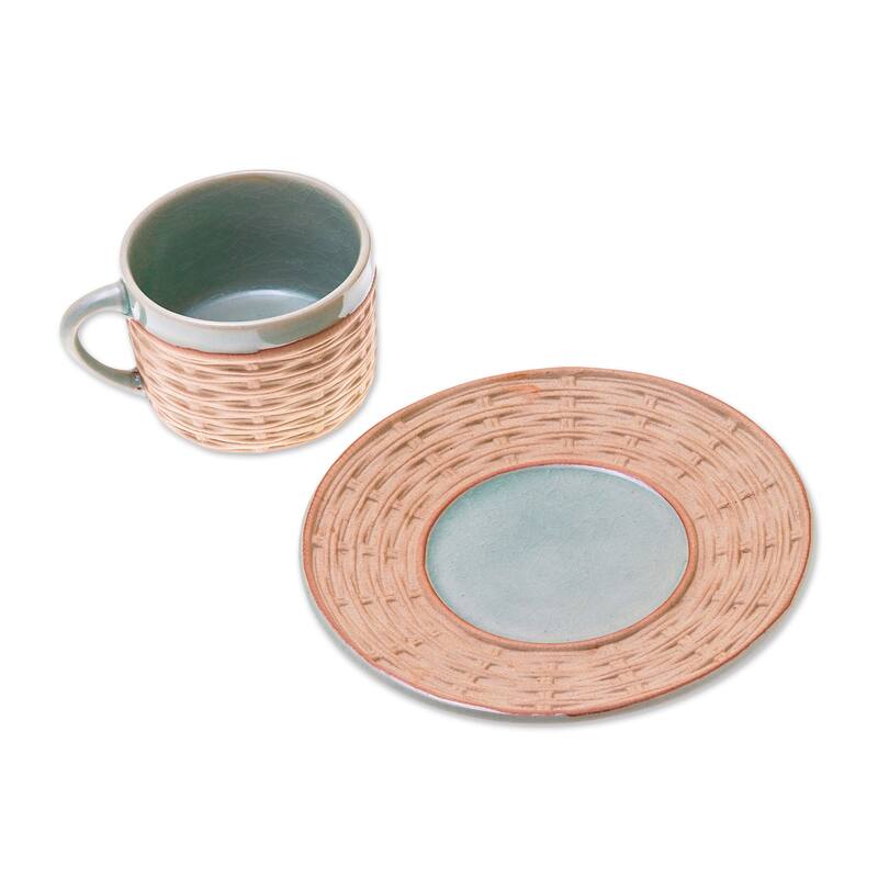 Novica Handmade Wicker In Green Ceramic Cup And Saucer