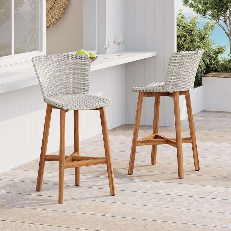 Christopher Knight Home - Lina Acacia and Rattan Outdoor Barstool (Set of 2)