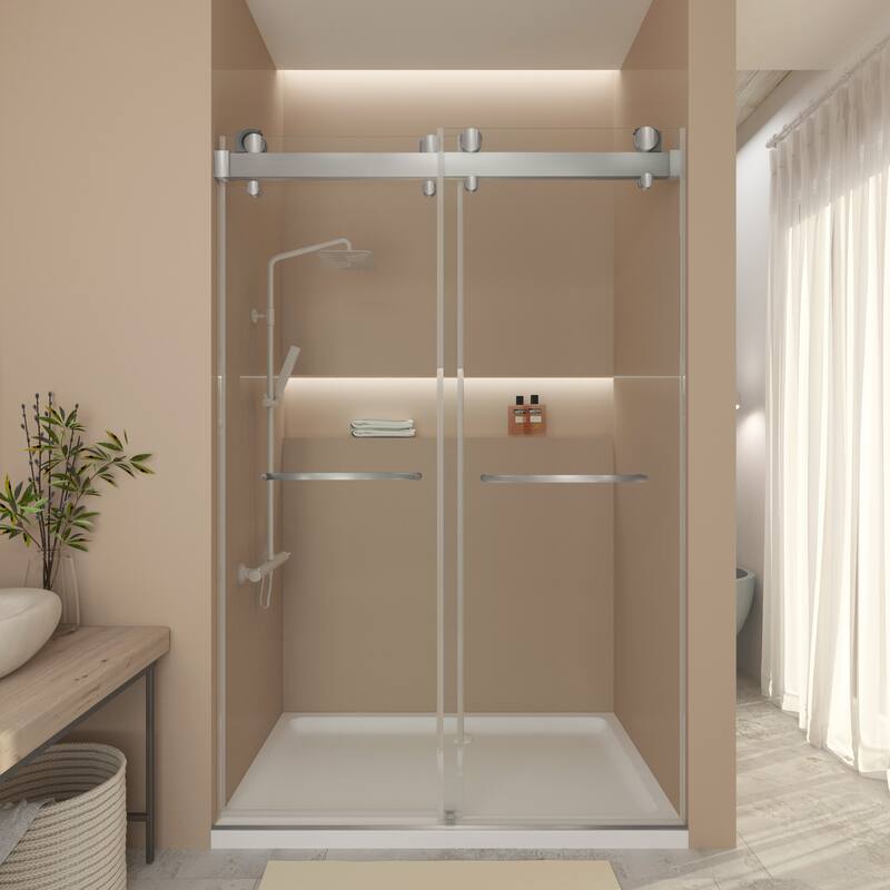 Double Sliding Door Frameless Corner Shower Enclosure with 5/16 in. Tempered Glass - 60in. - Brushed Silver