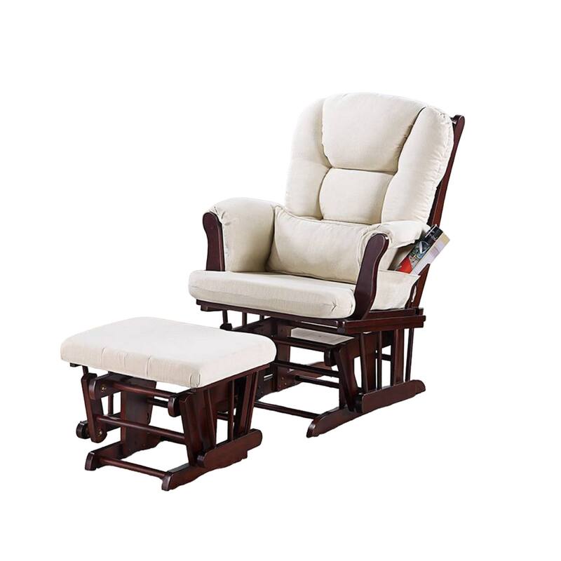 Noni Glider Manual Recliner Chair w Ottoman, Brown Wood, Square Beige