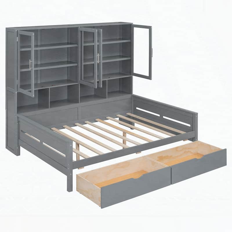 Wooden Daybed with Glass-Door Storage Cabinets and Built-in LED Lighting