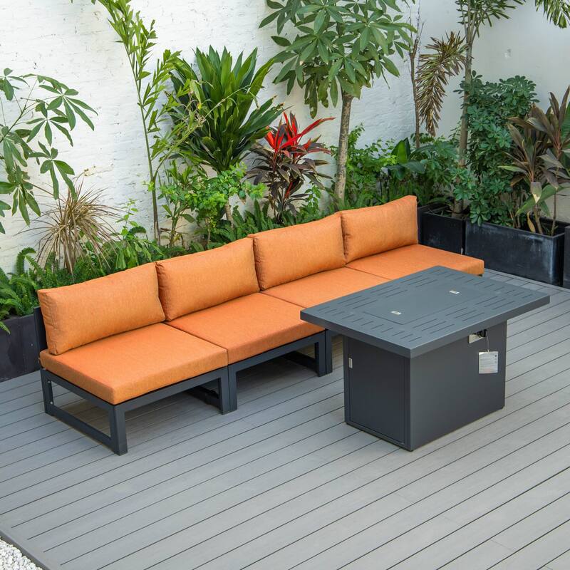 LeisureMod Chelsea 5-Piece Outdoor Patio Chairs and Fire Pit Table Set