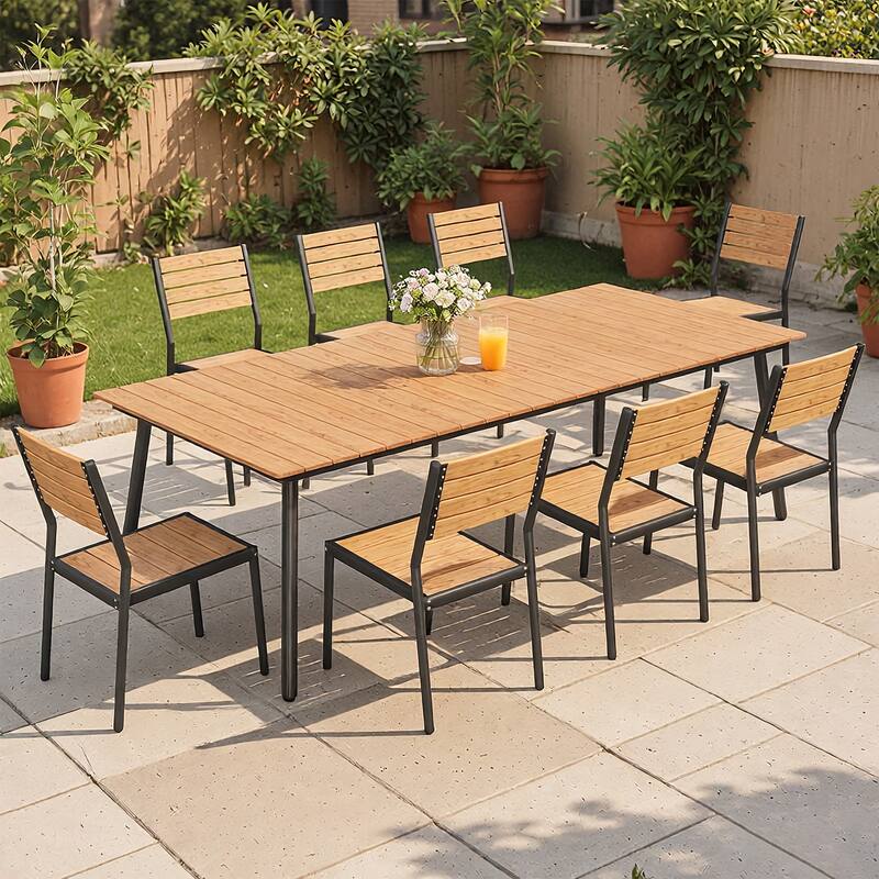9-Piece Aluminum Outdoor Dining Set with Umbrella Hole and Stackable Chairs