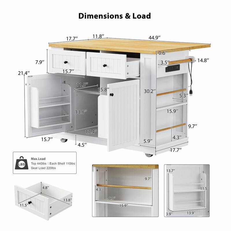 48" Rolling Kitchen Island with Drop Leaf, Power Outlet & 2 Bar Stools, Storage Cart with Drawers & Racks