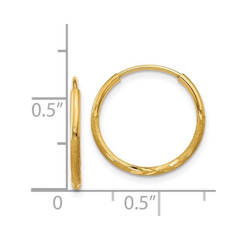 Curata 14k Yellow Gold Satin 1.25x14mm Diamond-Cut Endless Hoop Earrings