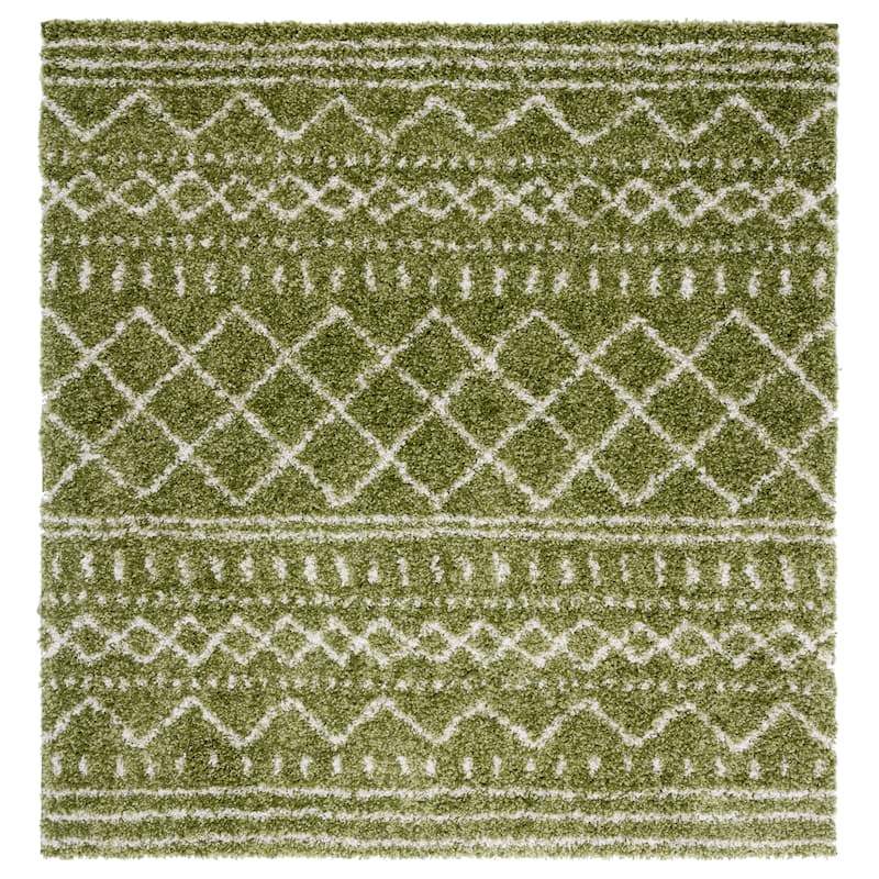 SAFAVIEH Arizona Shag Lotta Moroccan 1.2-inch Thick Rug - 3'2" Square - Green/Ivory - Square