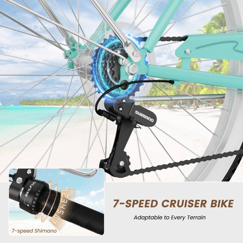 Beach Cruiser Bike for Women and Men, 24/26 Inch 7-Speed Adult Bicycle