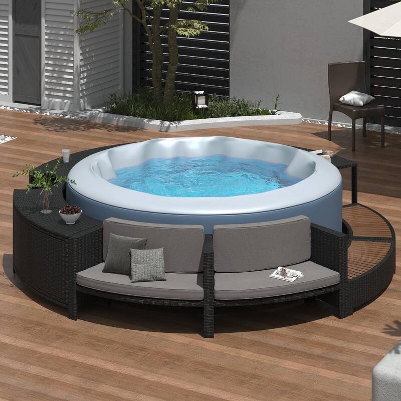Modern Patio Rattan Sofa Set with Storage Spaces with Spa Surround Spa Frame for Backyard - Grey