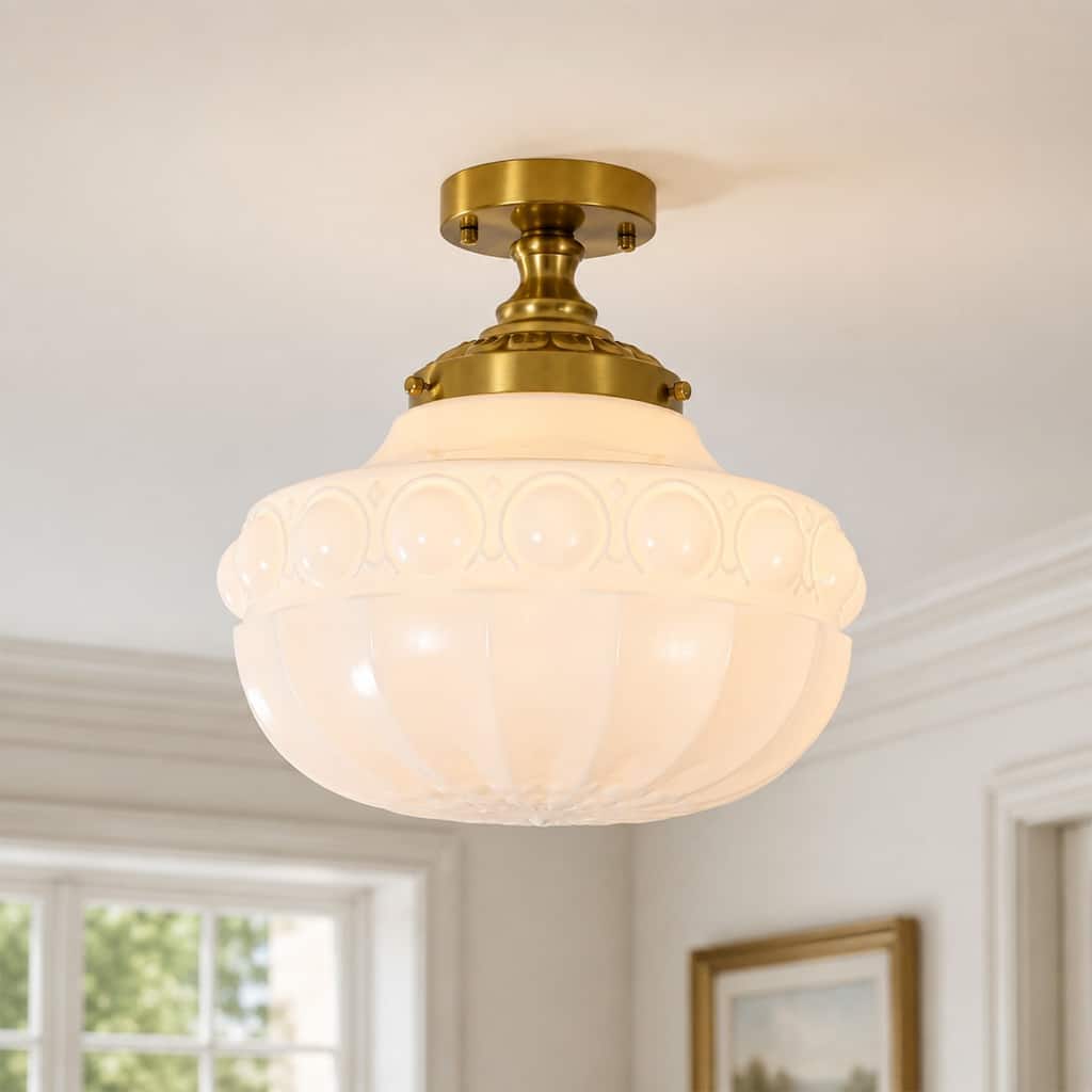 Rennnsan 14 in. 1-Light Vintage Brass Milk Glass Semi-Flush Mount Ceiling Light - 13.8 in. Dia × 14.2 in. H