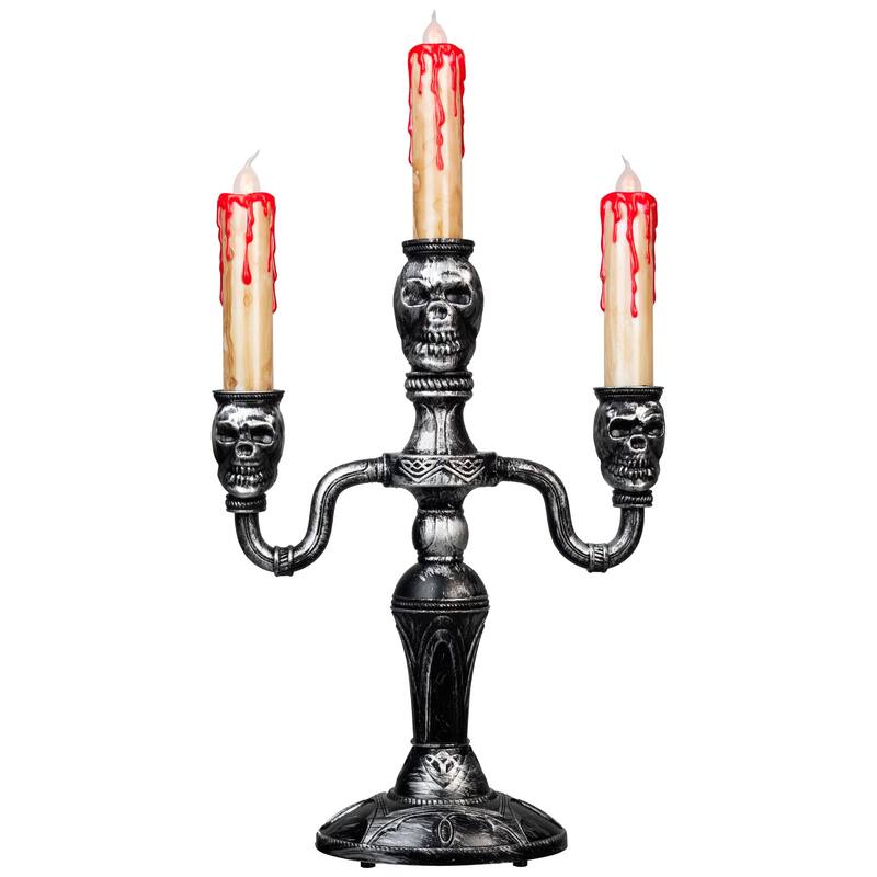 Antique-Style Skull Trio Flickering Halloween Candelabra - 13.75" - Amber Lights
