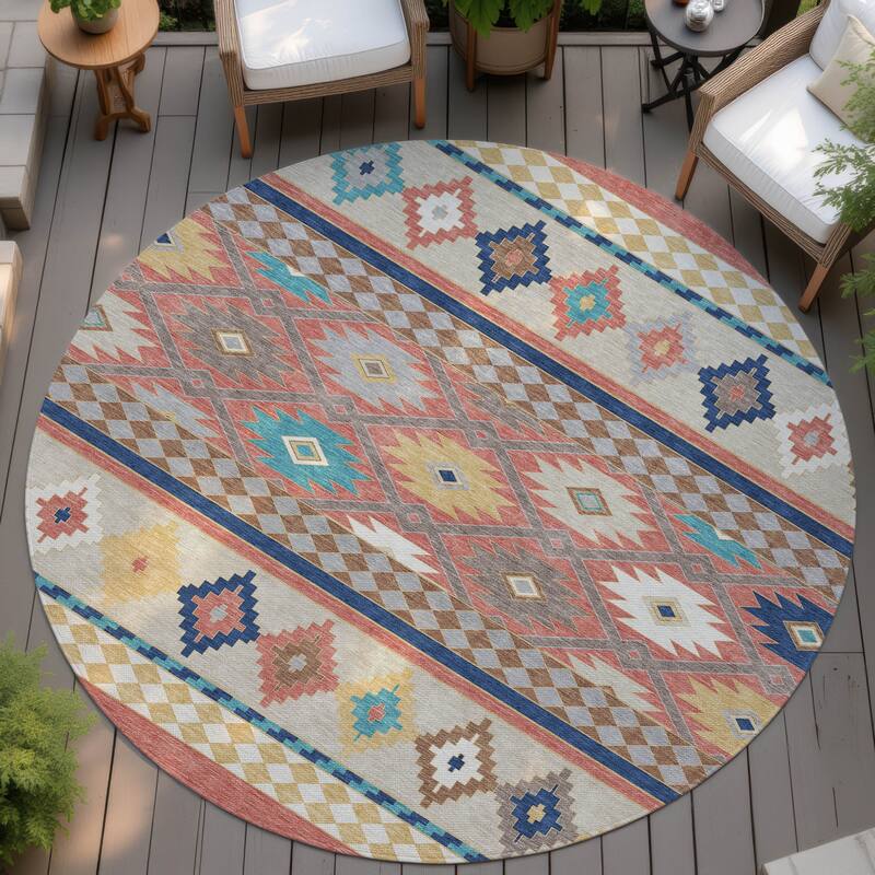 Machine Washable Indoor/ Outdoor Global Clemente Chantille Rug - Coral - 8' x 8'