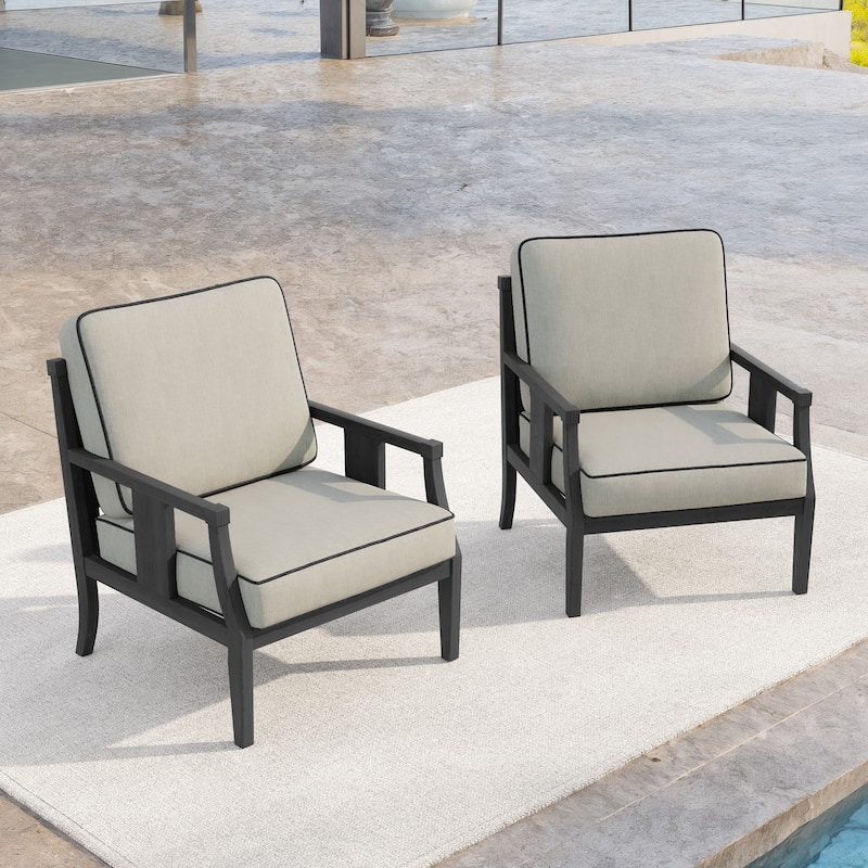 Set of 2 Outdoor Teak Wood Armchairs with Cushions, Patio Club Chairs