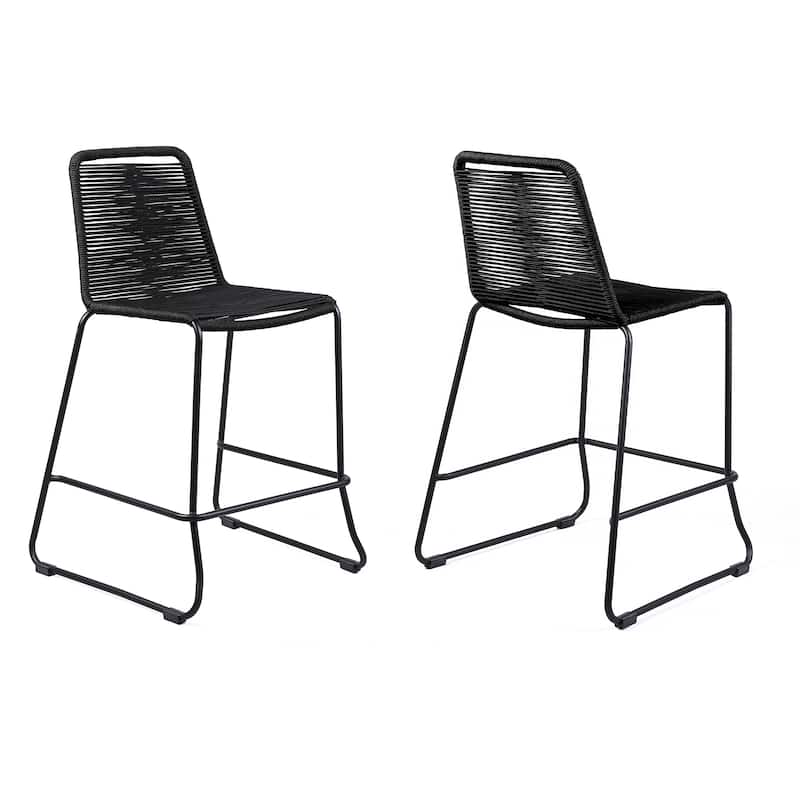 Shasta Black Steel and Rope Indoor Outdoor Bar Height Stackable Patio Bar Stools - Set of 2 - Bar Height