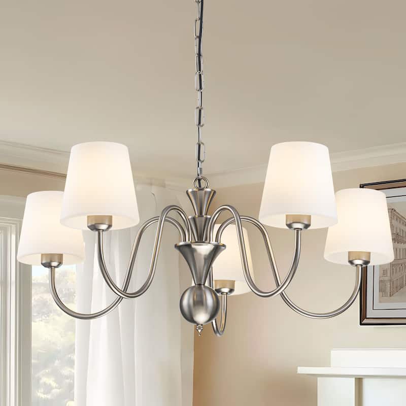 Starsky 5-Light Brushed Nickel with White Glass Shade Chandelier