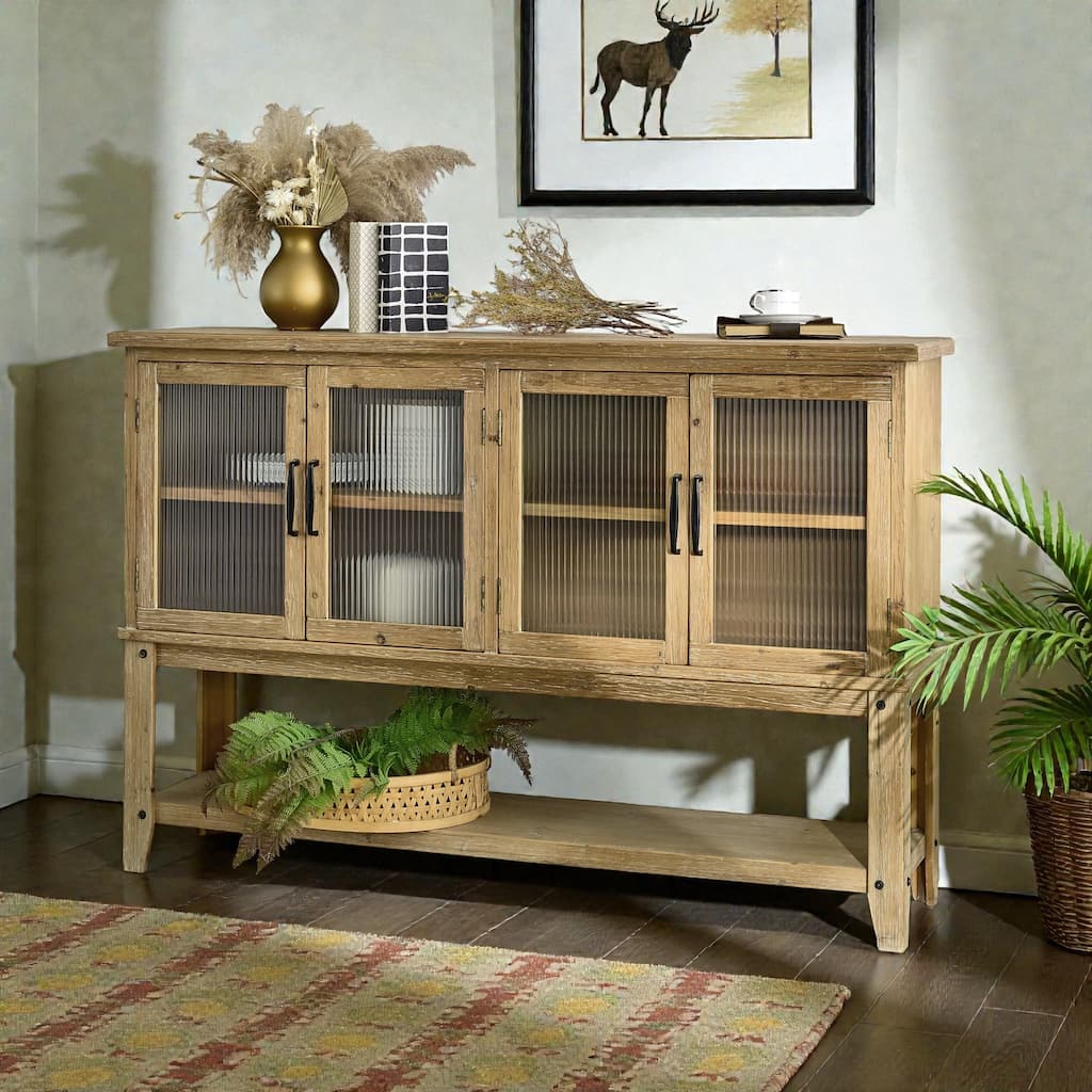 59.06 Inch Rustic Wooden Sideboard Cabinet with Glass Doors, Storage Shelf Accent Console for Kitchen and Dining Room