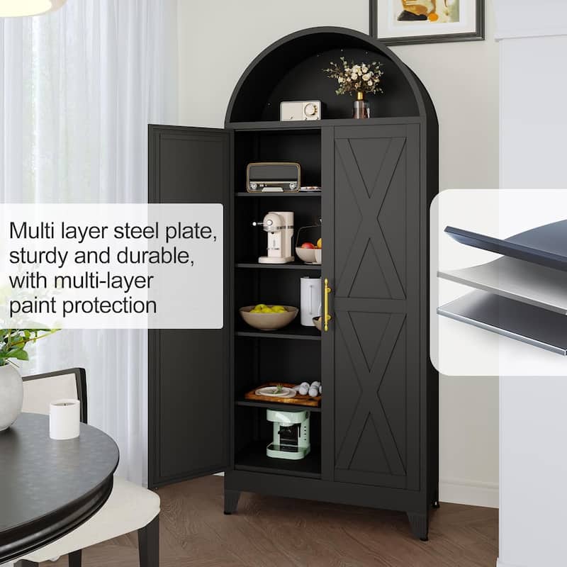 73"H Metal Arched Kitchen Pantry Cabinet with 2 Door and Adjustable Shelves