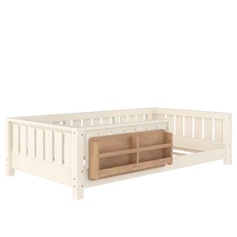 Low Profile Montessori Bed Floor Platform Bed with Fence and Bookshelf