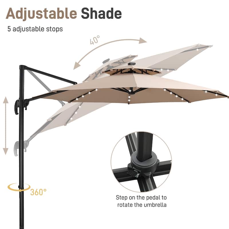Autlaycil 10FT Cantilever Patio Umbrella with Solar Lights Included Base 360 Rotation Large Offset Hanging Outdoor Shade