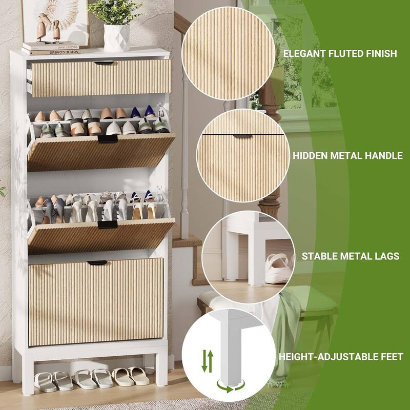 Shoe Storage Cabinet with 3 Flip Drawers, Fluted Shoe Organizer with Metal Legs