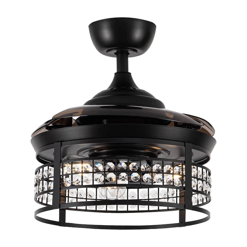 36-inch Modern 3-Blade Matte Black Retractable Crystal Caged Ceiling Fan with Remote and Light Kit - 35.83-in D x 17.6-in H