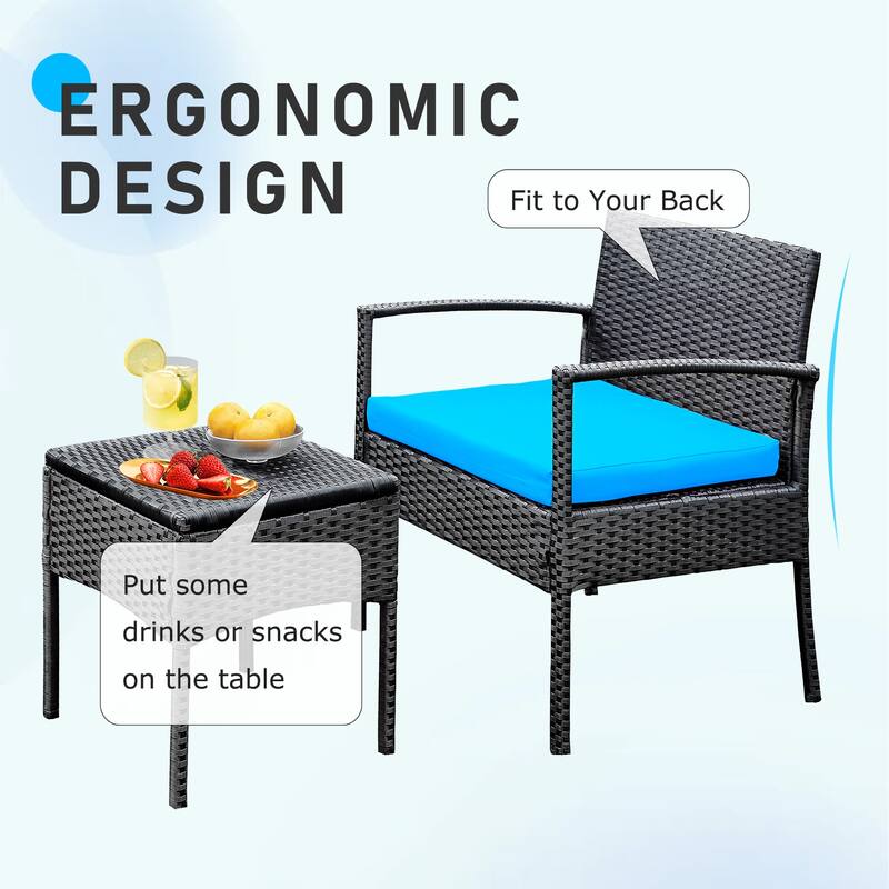 Outdoor Furniture 3 Piece Patio Bistro Furniture Set, Rattan Conversation Chairs Set with Side Table and Cushions