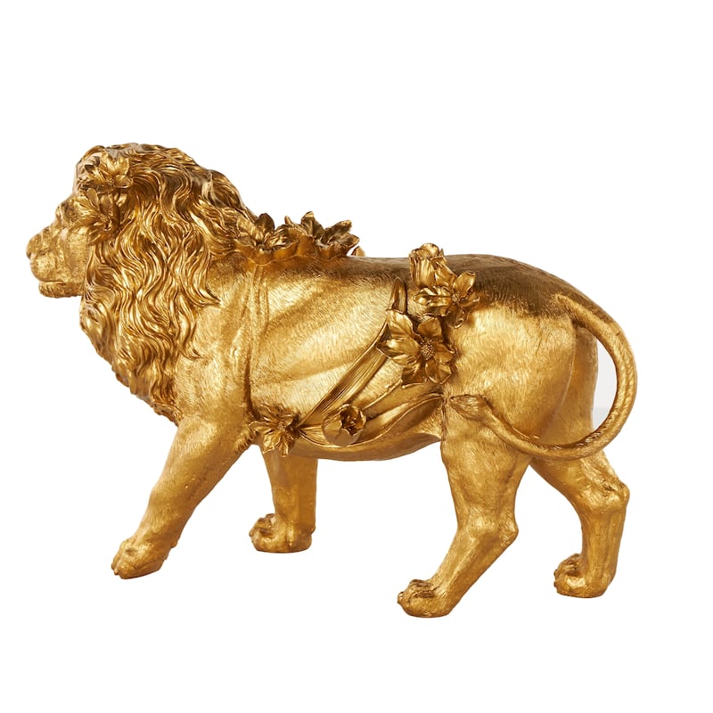 Gold Resin Walking Lion Decorative Sculpture with Floral Accents