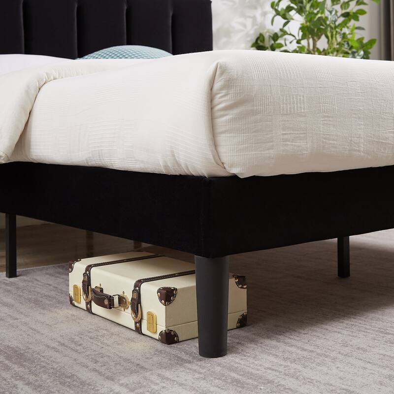 Upholstered Velvet Upholstered Bed Frame with Adjustable Height Headboard No Box Spring Needed Platform Bed Under Bed Storage