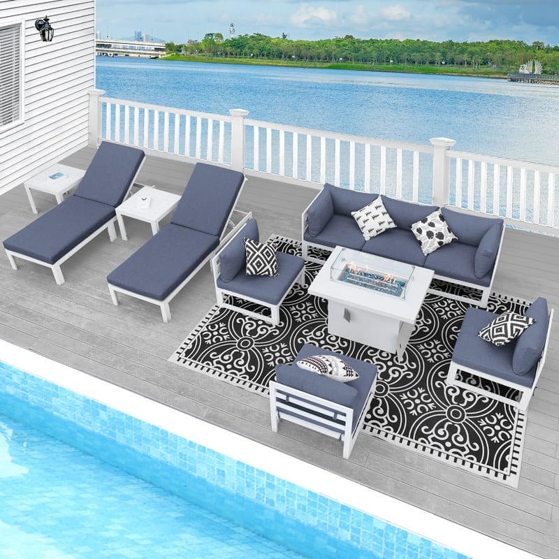 FINCATI 11-piece Oversized Patio Aluminum Sectional Deep Seating Conversation Sofa Set with Lounge Chaises - Denim Blue