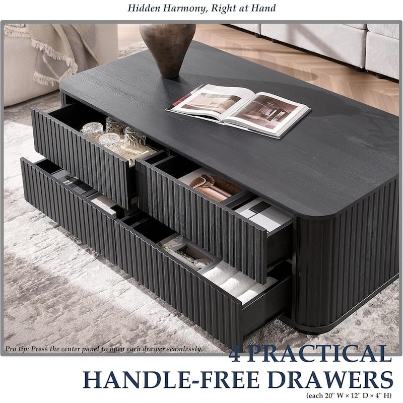 Fluted Coffee Table w/ 4 Drawers, Modern Center Table for Living Room