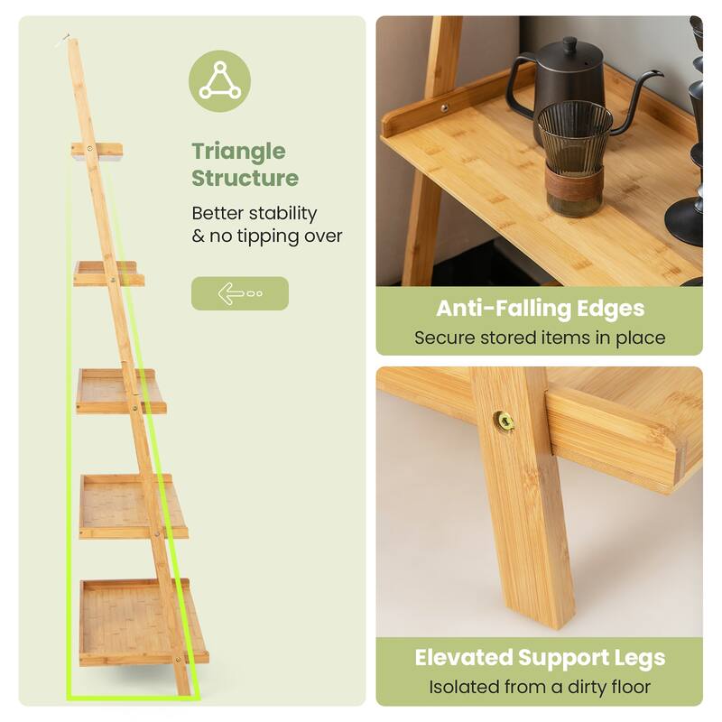 Gymax 5-Tier Bamboo Ladder Shelf Wall-Leaning Bookshelf Display