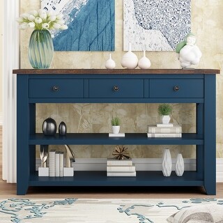 48'' Solid Pine Wood Console Table with 3 Drawers & 2 Shelves, Blue ...