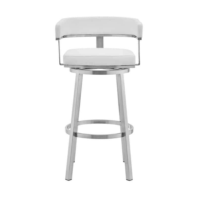 26" White And Silver Faux Leather And Stainless Steel Low Back Counter Height Swivel Bar Chair
