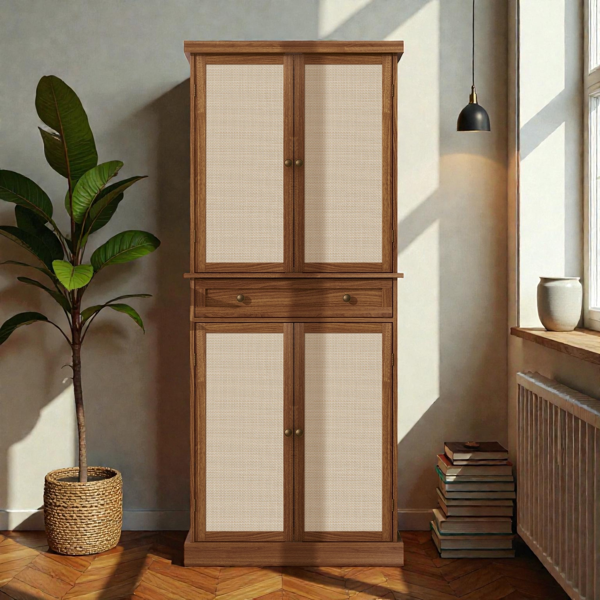 4 Door Storage Cabinet with Drawer, Adjustable Shelves Rattan Accent Cabinet with Anti-Tip Design