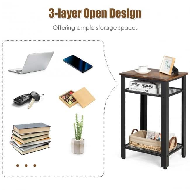 Industrial 3-Tier End Table with Metal Mesh Shelves and Adjustable Feet - 17.5" x 14" x 29.5"