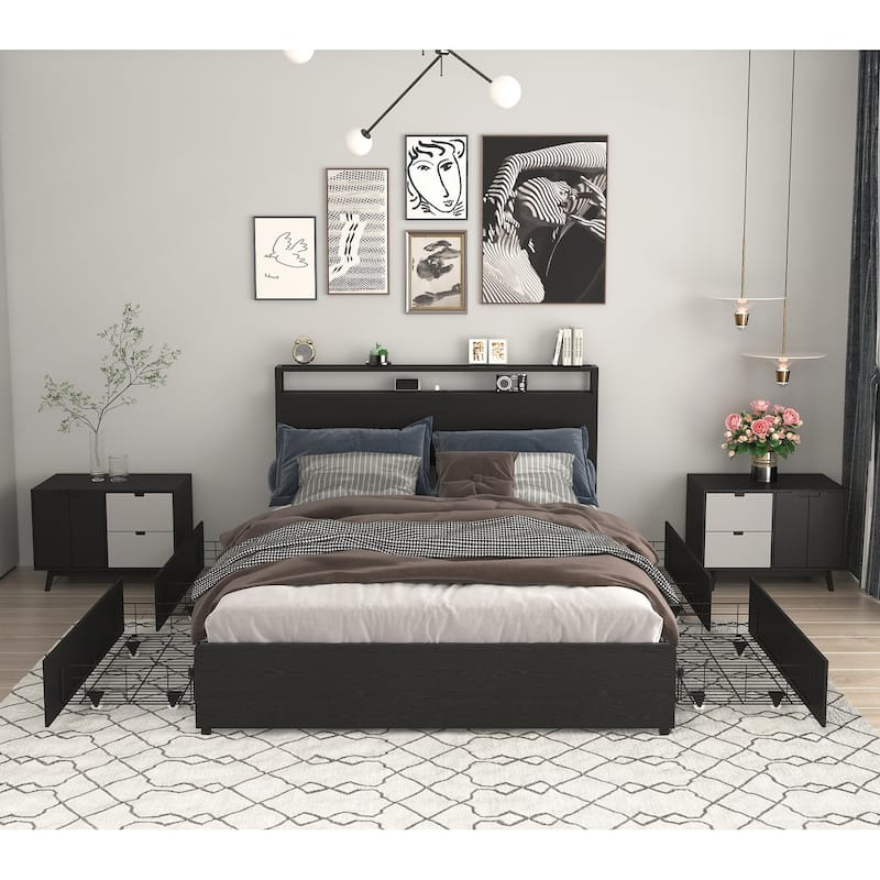 Storage Headboard Bed with Charging Station