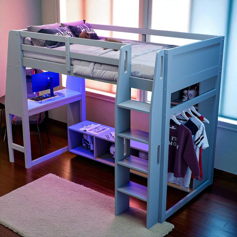 Twin/Full Size Gray Gaming Loft Bed with Desk, Storage Cabinets, LED Lighting & Hanging Clothes Rack - Grey - Twin
