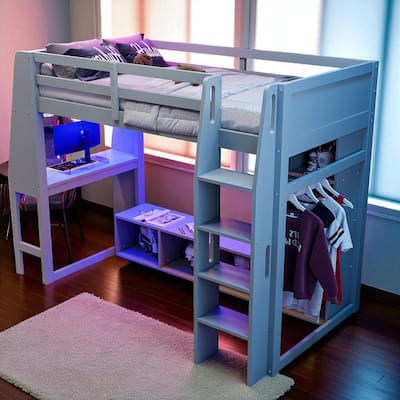 Twin/Full Size Gray Gaming Loft Bed with Desk, Storage Cabinets, LED Lighting & Hanging Clothes Rack