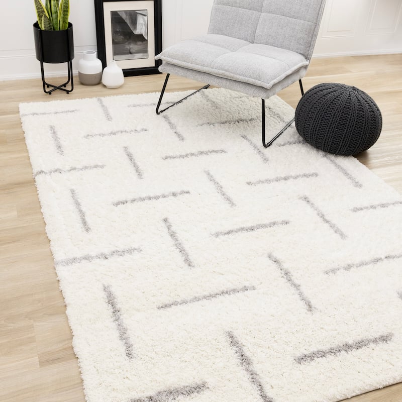 Cream Gray Neutral Lines Soft Shag Area Rug, 5'3" x 7'7"