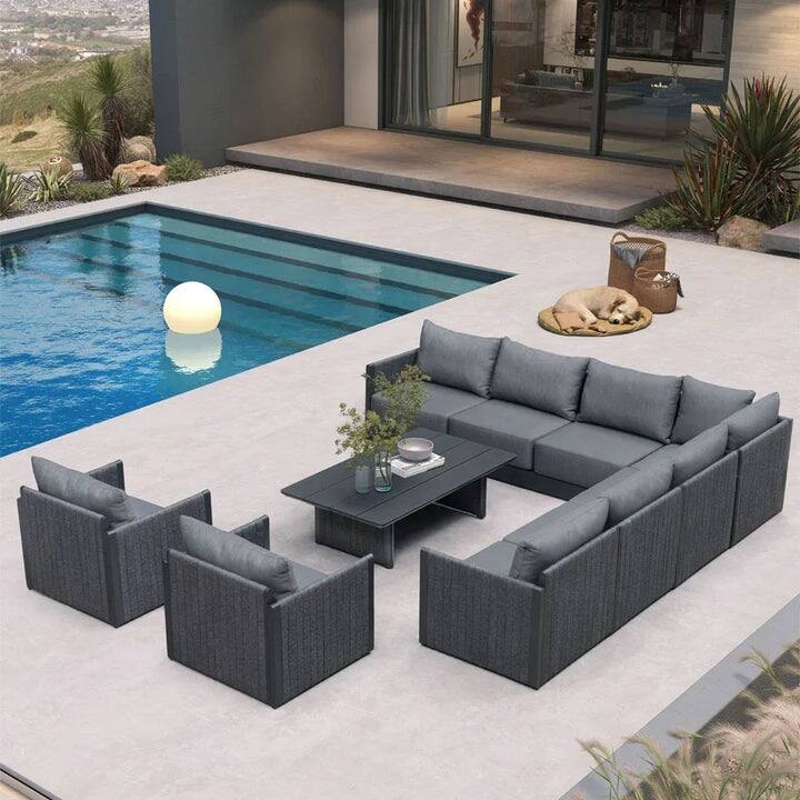 PURPLE LEAF Sanori Patio Conversation Set with Grey Ottoman and Cushion Patio Sofas Sectional Set for Poolside Graden - 9+1-Piece