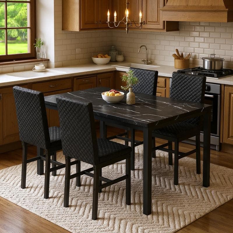 Grondin 5-Piece Dining Room Table Set with Faux Marble Table Top and Diamond Stitching Velvet Upholstery Dining Chairs