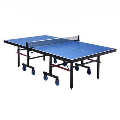 Blue MDF Foldable Table Tennis Table with Lockable Casters and Adjustable Height - 107.9” L x 60” W x 30” H