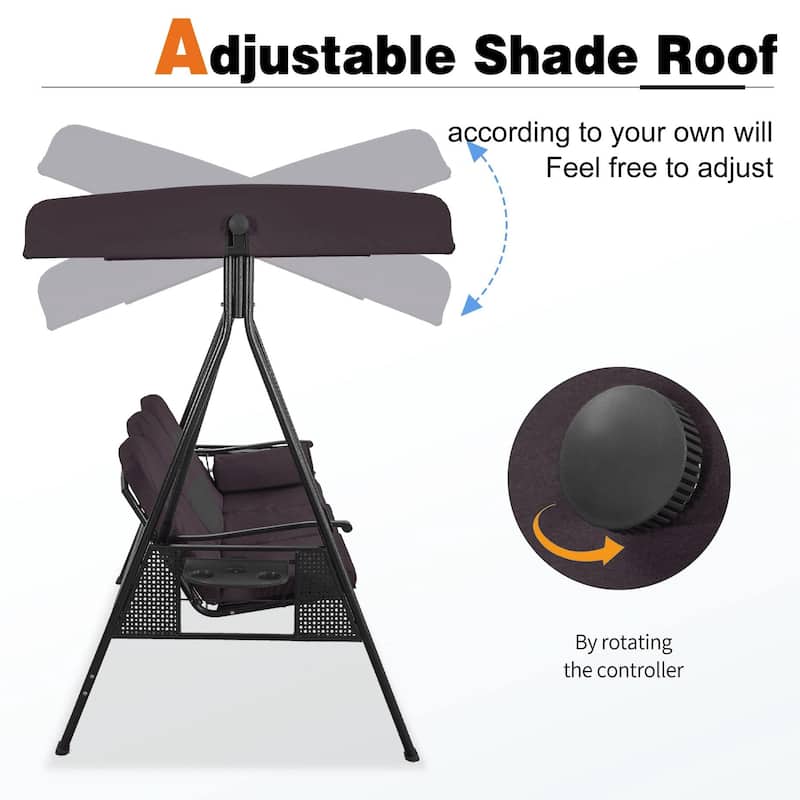 PURPLE LEAF Outdoor Patio Porch Swing with Stand, Swing Chair with Adjustable Tilt Canopy Steel Frame, Cushions Included