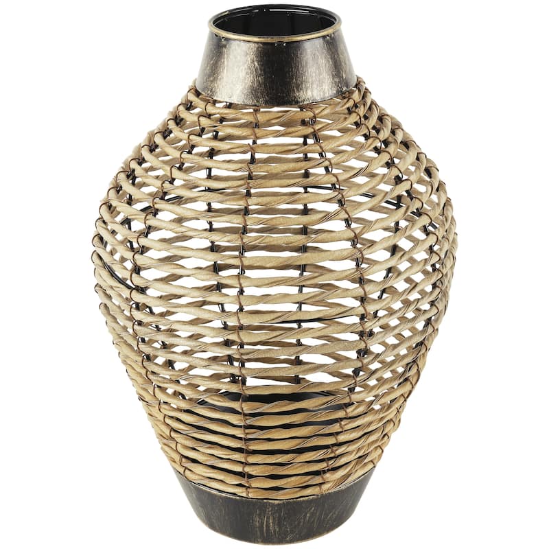 Plastic Rattan Handmade Twisted Decorative Vase with Open Frame Design and Bronze Metal Details - Bronze - Roche River Decor - Bronze