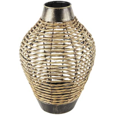 Plastic Rattan Handmade Twisted Decorative Vase with Open Frame Design and Bronze Metal Details - Bronze - Roche River Decor