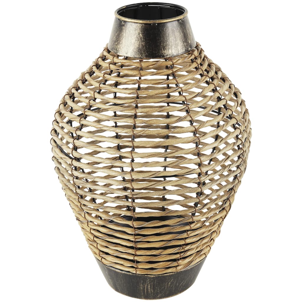 Plastic Rattan Handmade Twisted Decorative Vase with Open Frame Design and Bronze Metal Details - Bronze - Roche River Decor
