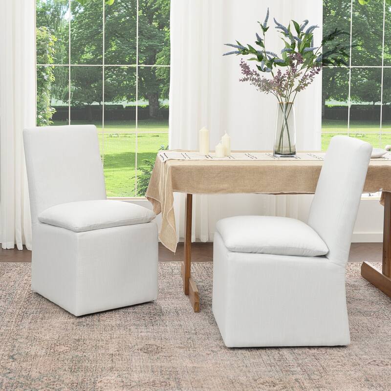 KINWELL 21" Performance Fabric Upholstered Dining Side Chair with Casters (Set of 2) - Ivory