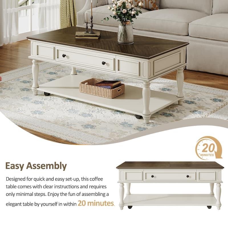 Farmhouse Coffee Table with Drawer, Easy-Assembly Retro Cocktail Table with Wheels, Rustic Center Table for Living Room‌